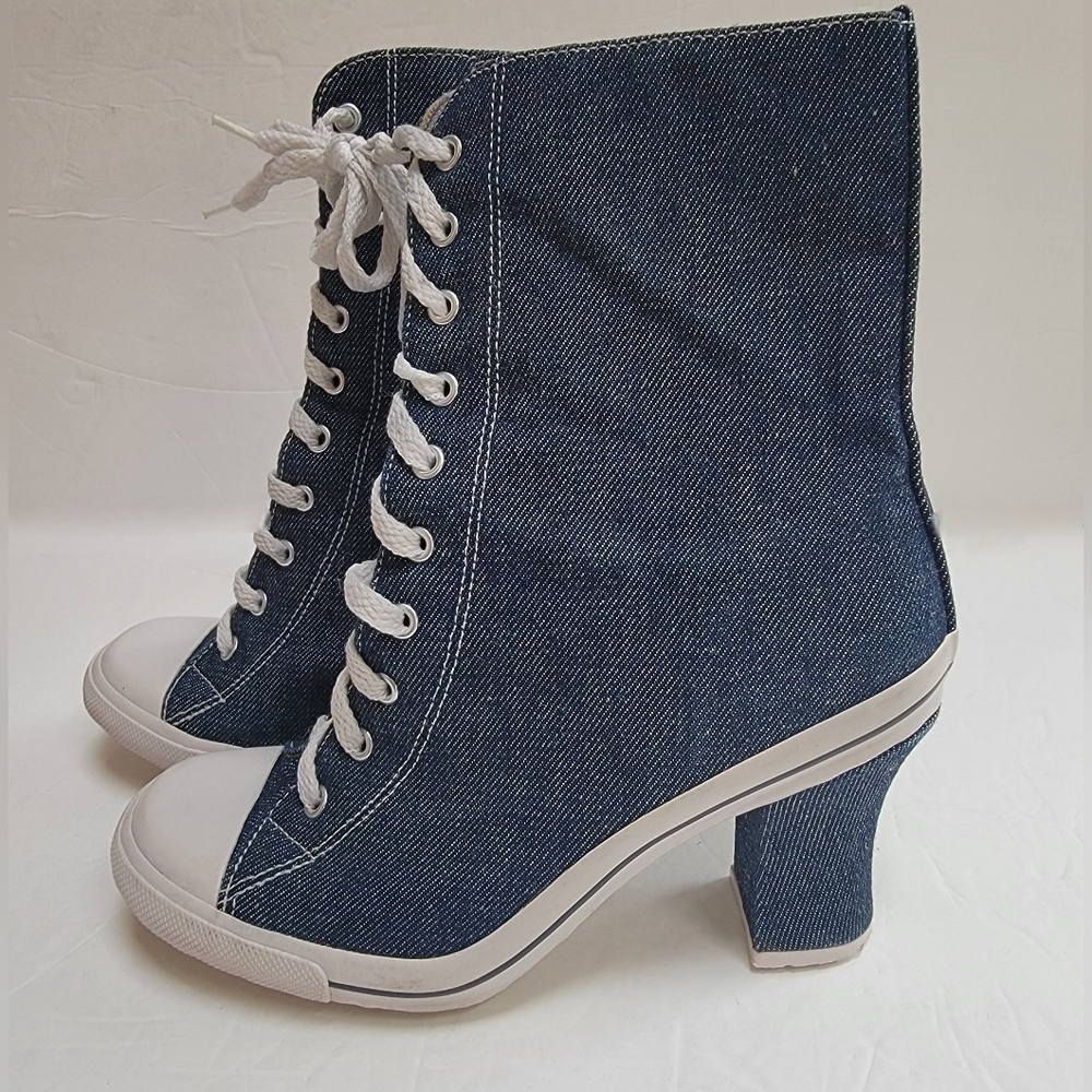Cathy Jean Vintage Y2K Denim Lace-Up Heeled Boots Made In Brazil  Size 7